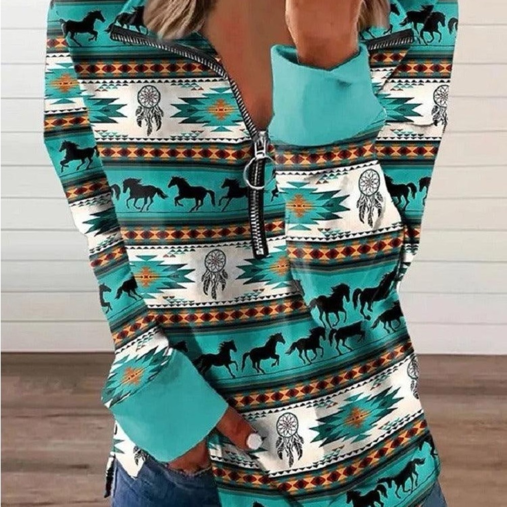 Turquoise Aztec Horse Print Zip-Neck Women's Top